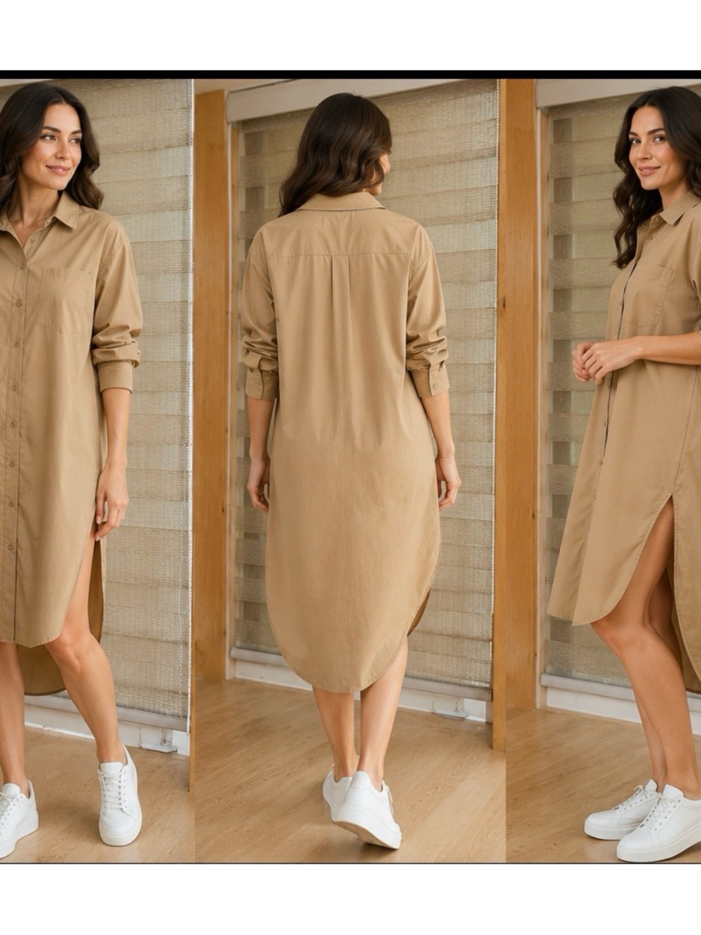 Fashion Nova Relaxed Shirt Midi Dress in Tan